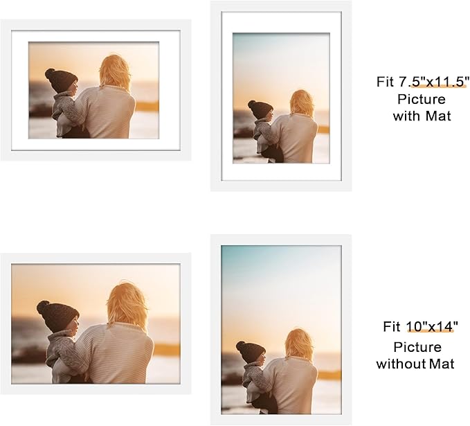 Picrit 10x14 Picture Frame Set of 12, Display 8x12 with Mat or 10x14 without Mat, Photo Frames for Wall Mounting or Table Top Display, White