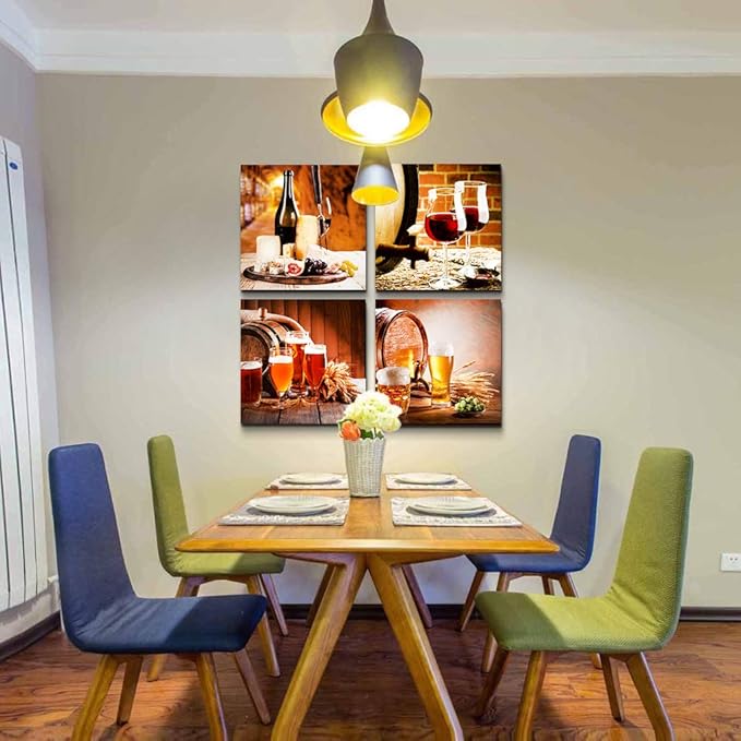 Kitchen wall decor Restoring ancient ways Still life Wine glass Wine barrel Canvas Prints Wall Art for Dining Room Bar Home Decorations 16x16 inch/4 piece restaurant posters decor Artwork Home decor
