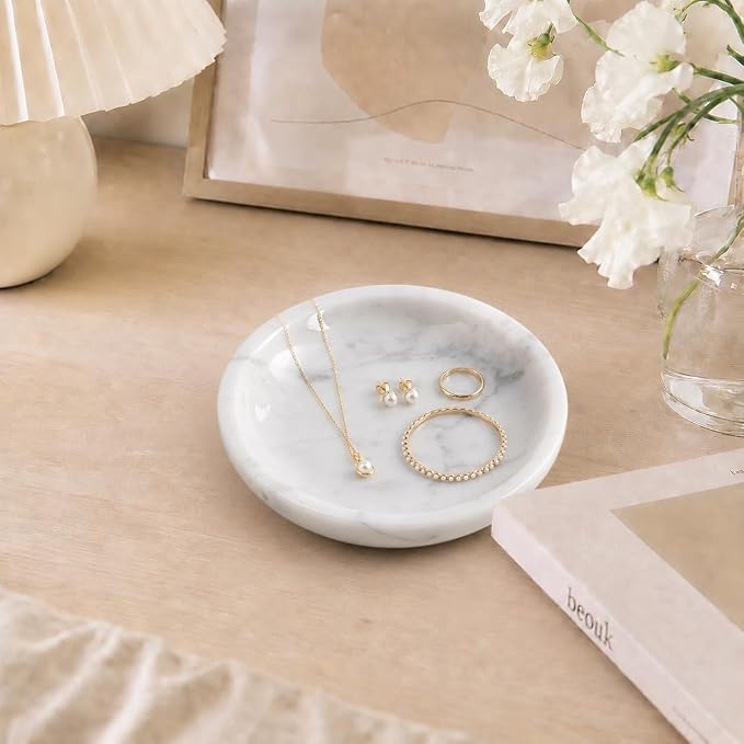 Small Natural Marble Jewelry Tray Key Plate Holder Dish Trinket Decor Catch All Bowl for Ring Earring Stone Gift for Women Daugther,Bianco Carrara White,5.5"