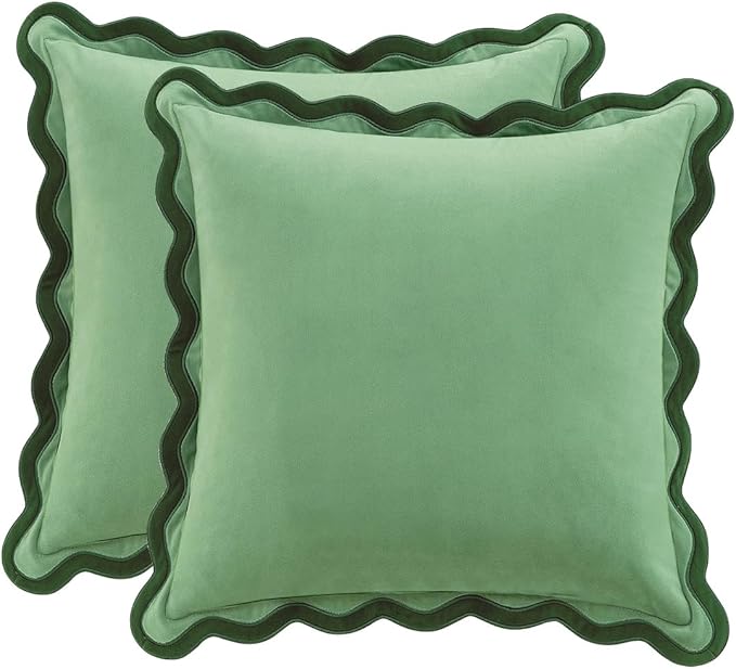 MONDAY MOOSE Decorative Throw Pillow Covers Cushion Cases, Set of 2 Soft Velvet Scalloped Wavy Edge Designs, Mix and Match for Home Decor, Pillow Inserts Not Included (22x22 inch, Green/Light Green)