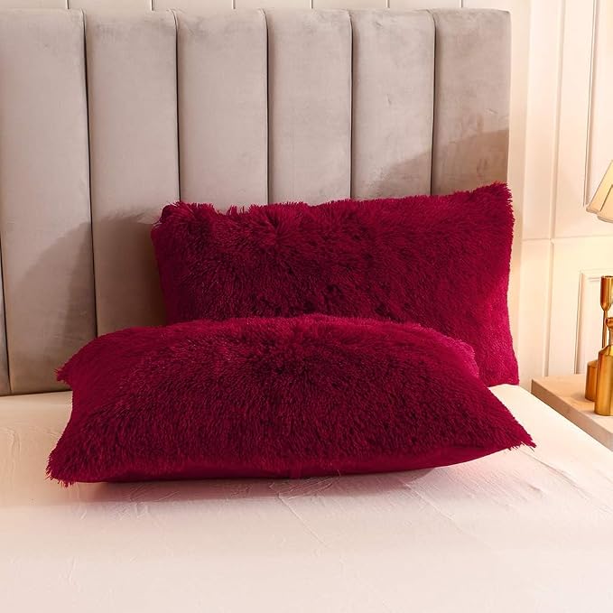 Faux Fur Velvet Fluffy Bedding Duvet Cover Set Down Comforter Quilt Cover with Pillow Sham, Ultra Soft Warm (Burgundy, Twin)