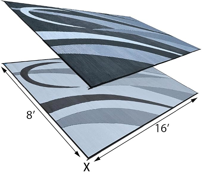 Stylish Camping GB1 8-Feet x 16-Feet RV Reversible Graphic Patio Mat, Black/Silver