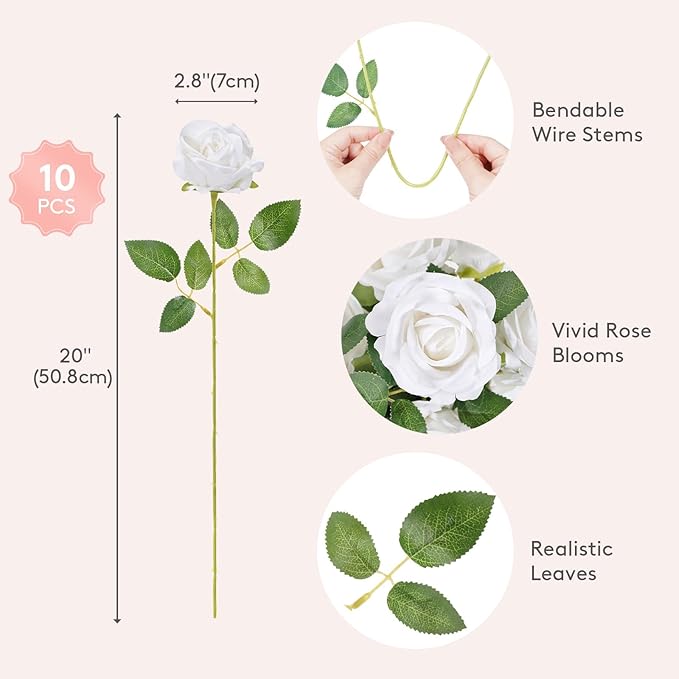 Lifewit Classic White Artificial Roses Flowers, Faux Long Stem Silk Roses Bulky for DIY Wedding Bouquets Decoration, Centerpieces Arrangements, Velentine,10 Pcs