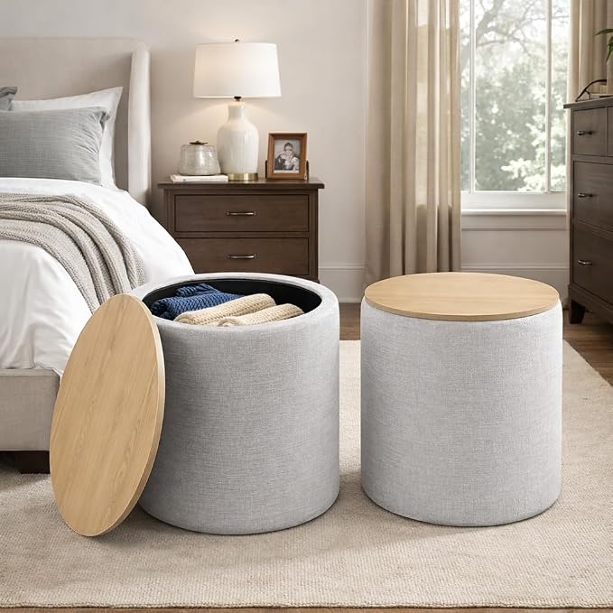 HomePop Storage Ottoman with Wood Top - Light Gray Textured Woven