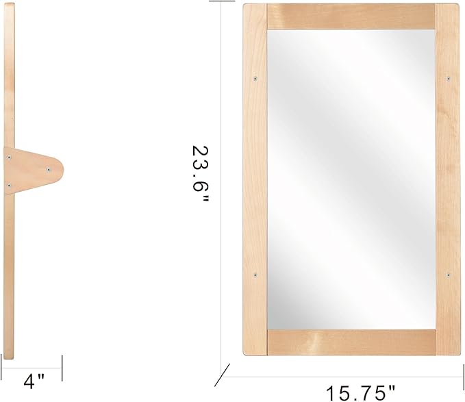 Baby Montessori Wooden Frame Non-Shatter Safety Mirror w/ 2 Pull Up Bars, Infant Coordination Small Mirror for 6-18 Months (Natural)