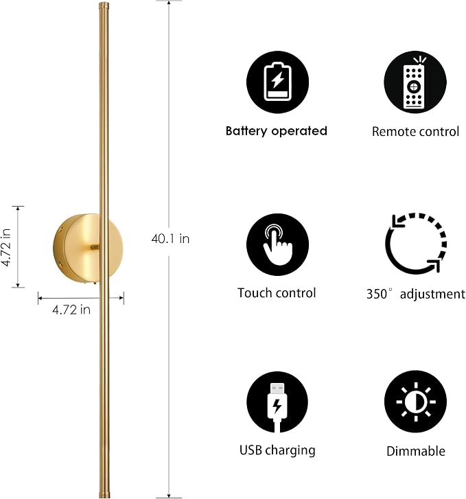 KARTOOSH Battery Operated Wall Sconces with Remote Control, Dimmable Wall Sconces Set of Two, 350°Rotate, 3000K LED Gold Wireless Wall Light for Living Room, Bedroom, Hallway, 40.1 Inch (2 Pack)