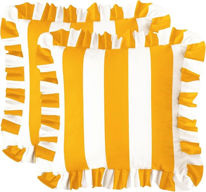 MONDAY MOOSE Decorative Throw Pillow Covers, Set of 2 Water-Resistant Striped Design with Ruffle Edge for Outdoor/Indoor Use, Pillow Inserts Not Included (22x22 inch, Golden Yellow/White)
