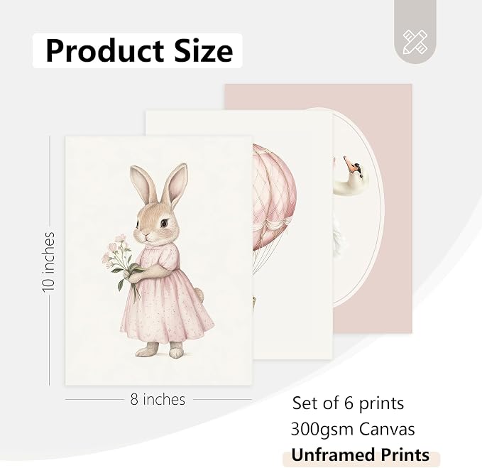Pink Nursery Wall Art Decor Baby Girl Room Pictures Vintage Nursery Canvas Wall Decor Bunny Prints Floral Swan Poster Cute Rabbit Painting Artwork for Toddler Girls Bedroom 8x10x6 Inch Unframed