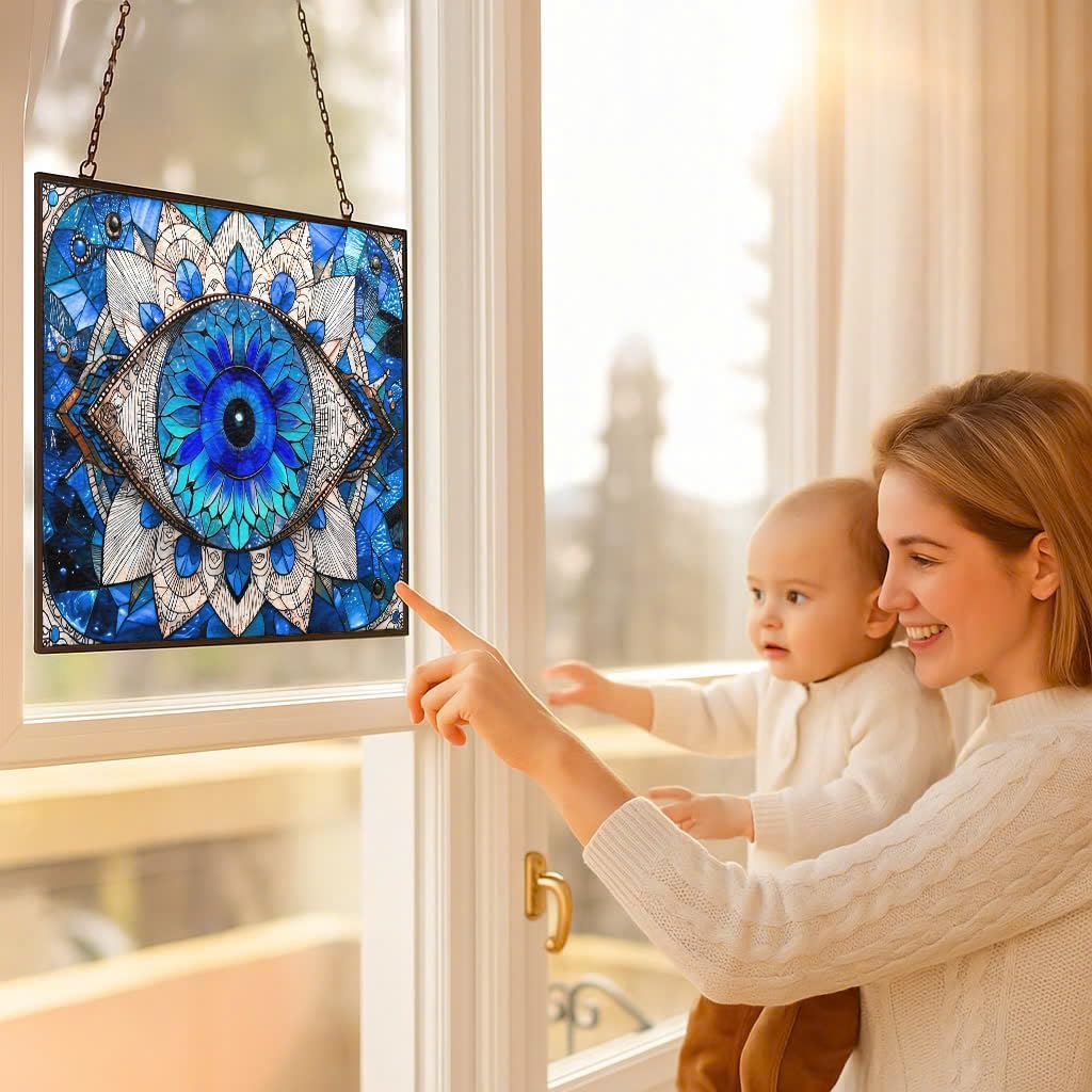Rectangle Evil Eye Suncatchers for Windows, Stained Glass Window Hangings,Hand-Painted Glass Panel Perfect for Home Décor