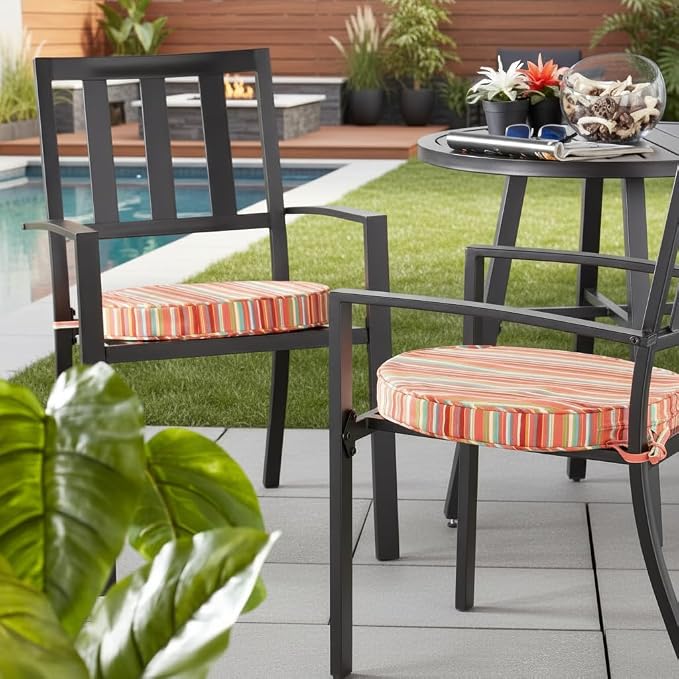 Set of 2 Outdoor 18 inch Round Patio Dining Chair Pads – Comfortable Fiber-Filled Seat Cushions with Ties, Reversible Polyester Fabric, Watermelon Stripe