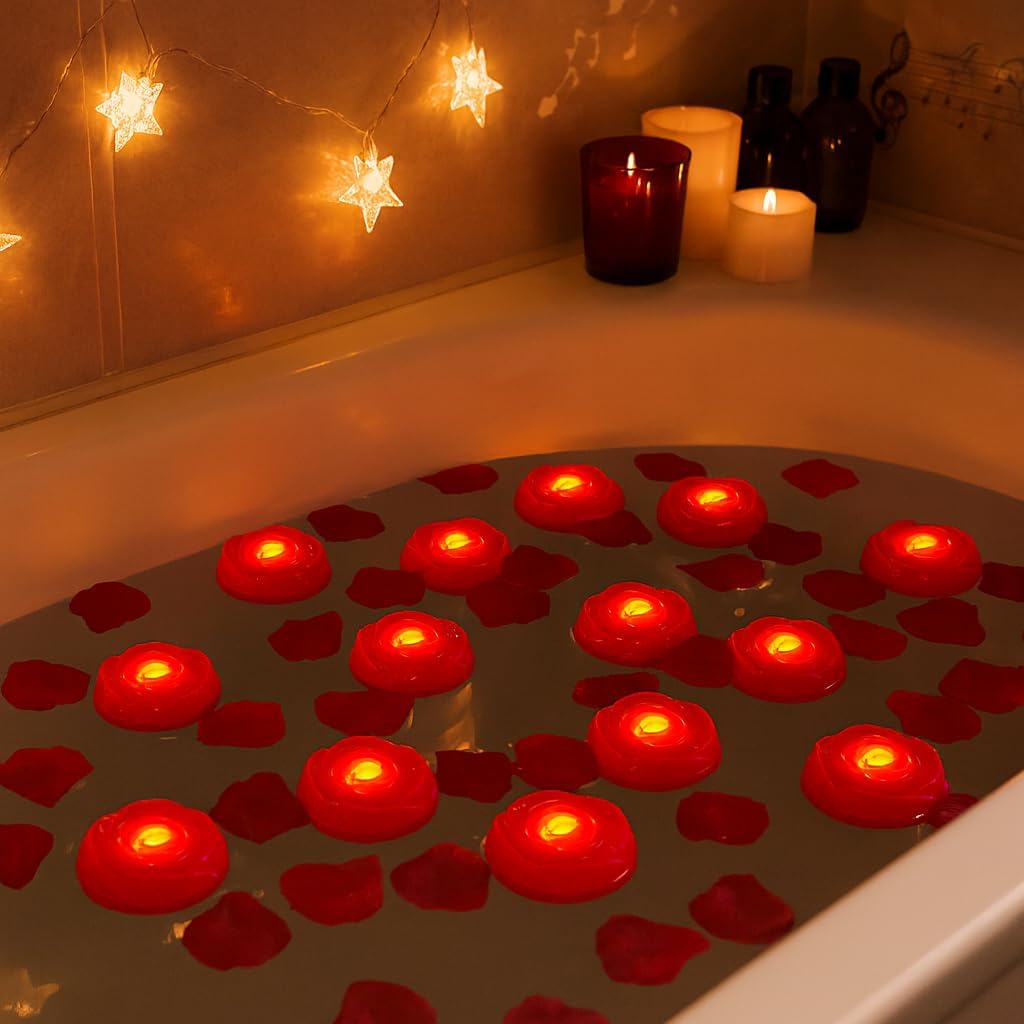 Aignis 12pcs Flameless LED Floating Candles, Red Rose Plastic Tealights Battery Operated, 120+ Hours Glow Time, Cozy Light for Romantic Pool/Bathtub/Hot Bath/Wedding Centerpiece Decor(D2.83 * H1.42)