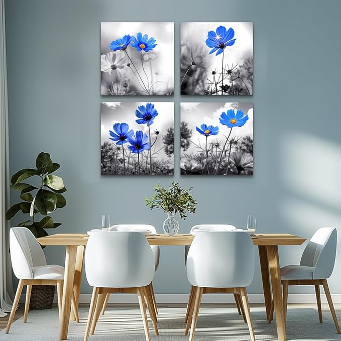 wall art for living room Black and White cyan blue flower Big Canvas Prints Wall Decor Artwork 16" x 16" 4 Pieces Framed Black Border Ready to Hang for bedroom kitchen Home Decoration withoffice