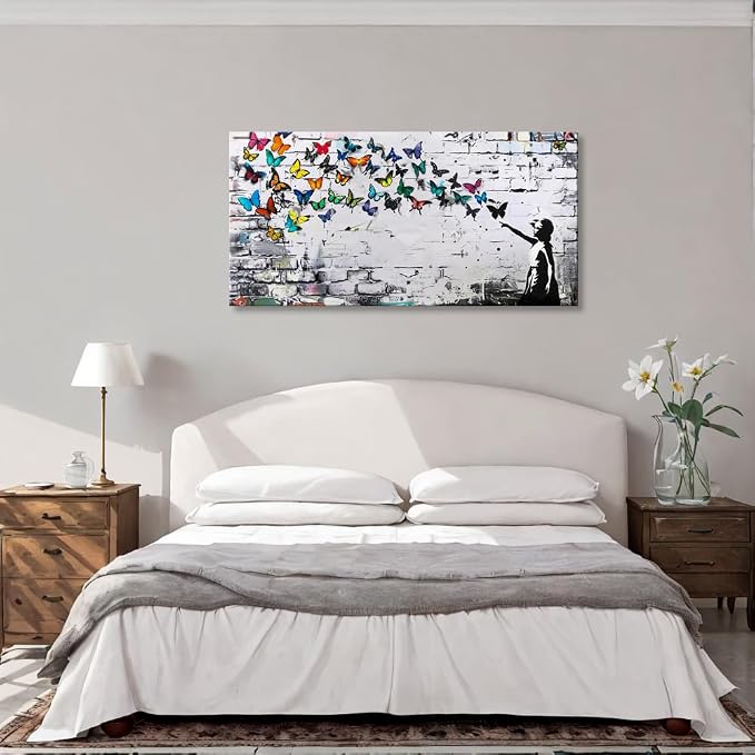 Colorful Graffiti Wall Art Funny Butterfly Paintings Banksy Street Art Mural Pop Art Home Office Wall Decor Framed Canvas Wall Decor for Living Room Ready to Hang - 71x36in