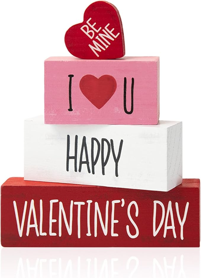 Smile Valentines Day Wooden Decoration, I Love U Happy Valentine's Day, Gift Box for Girlfriend Boyfriend Husband Wife Desk Sign Decor Home Office
