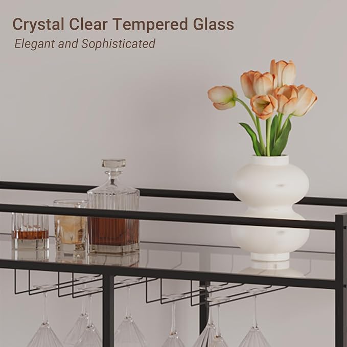 Black Bar Cart, Home Bar Serving Cart with Handle, Wine Cart with 3-Tier Glass Shelves, Beverage Cart with Wine Rack and Glass Holder, Bar Carts for The Home, Dining Room