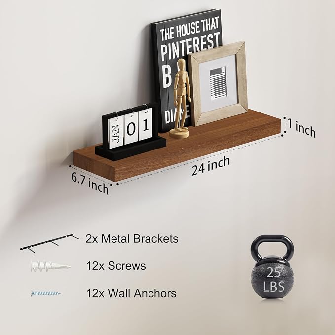 SAUMONIERES Floating Wall Shelves for Bedroom Bathroom Wall Mounted Solid Wood Shelf 24 Inch Set of 2, Walnut Floating Shelves