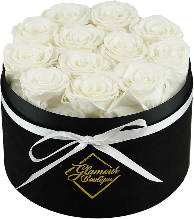 GLAMOUR BOUTIQUE Flowers Forever Gift Box, 12 Real Preserved Roses in Velvet Black Box, Floral Gift for Her, Mom or Wife for Birthday, Mother’s Day, Anniversary or Graduation, White (Color-Treated)