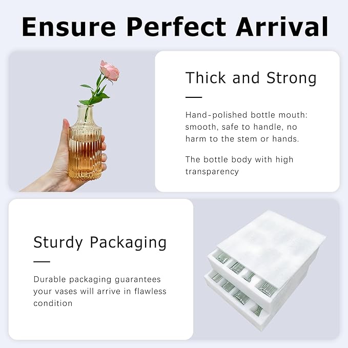 SUPMIND 16Pcs Glass Bud Vase Set, Small Flower Vases in Bulk for Centerpieces, Mini Vintage Amber Vase for Wedding, Home Decor, Table Decoration - Gold Amber