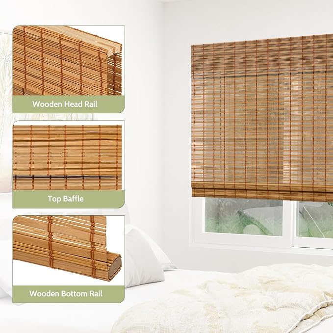 Kokorona Cordless Sheer Bamboo Roman Shades with Valance, Light Filtering Woven Bamboo Blinds for Windows, Natural Window Blinds Roll Up Shades for Home & Patio, 26" W x 64" H, Light Russet