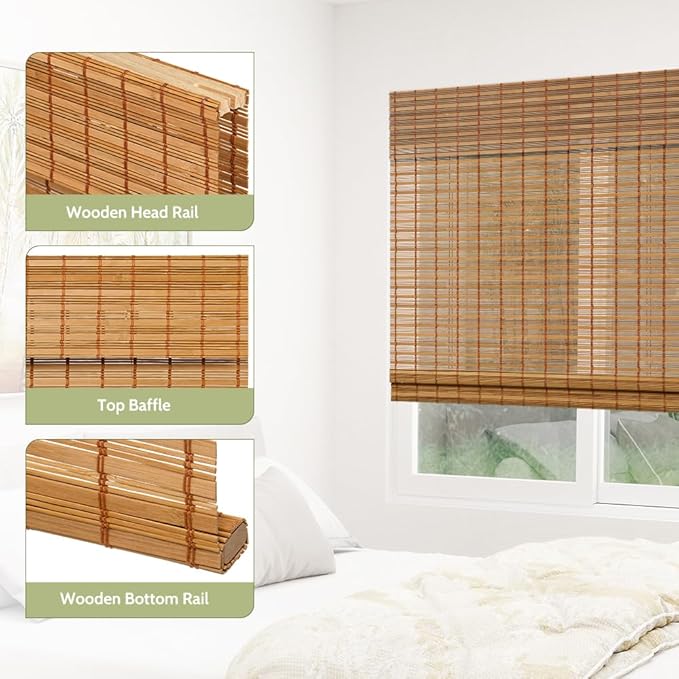 Kokorona Cordless Sheer Bamboo Roman Shades with Valance, Light Filtering Woven Bamboo Blinds for Windows, Natural Window Blinds Roll Up Shades for Home & Patio, 30" W x 64" H, Light Russet