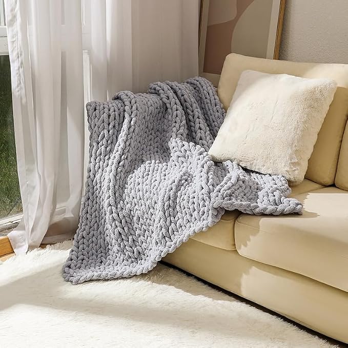Soft Chunky Knit Throw Blanket for Couch, Cozy Warm Knitted Blankets | Hand Knit with Jumbo Chenille, Lightweight Warm Fluffy Decor for Women, Mom, Her & Girls, Sofa, Chair, Bed, 40"x60" (Gray)