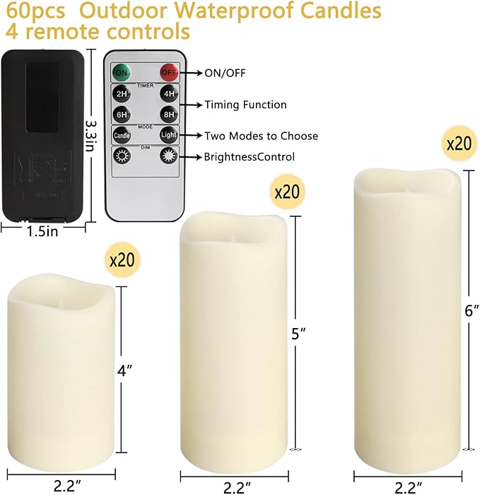 fclayvts 60-Pack LED Flameless Candles with Remote Control - Perfect for Parties, and Special Occasions (Three Sizes)