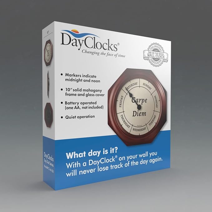 Classic “Carpe Diem” Day of The Week Wall Clock - 10" Solid Mahogany Wood Frame, Ideal Retirement Gift for Men and Women, Day Clock for Seniors and Retirees