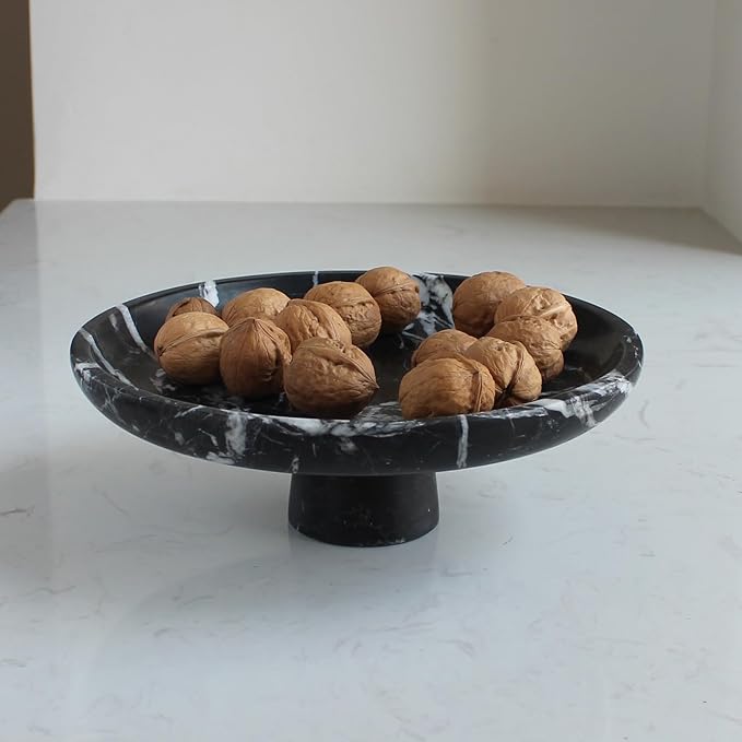 Nawgnail Natural Black Marble Fruit Bowl for Kitchen Counter 10.2", Large Decorative Bowl Pedestal for Home Decor, Fruits Holder For Dining Table - Kitchen Organization