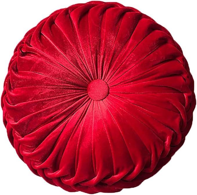 Teieas Round Throw Pillow Velvet Home Decoration Pleated Round Pillow Cushion for Couch Chair Bed Car Red
