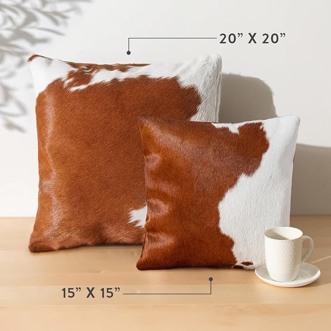 ecowhides 100% Genuine Brazilian Cowhide Pillow Cover – Brown and White – Single-Sided – Luxury Leather Decorative Cushion for Rustic & Western Home Décor – 20” x 20”