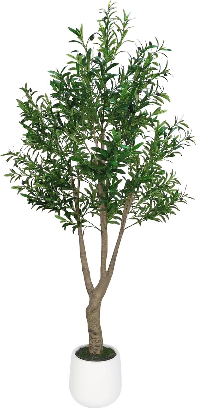LYLYFAN Olive Tree Artificial Indoor 7FT Faux Olive Tree with White Tall Planter, Fake Olive Tree with Realistic Branches and Lifelike Fruits for Home Office Decor