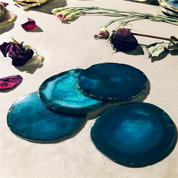 AMOYSTONE Agate Geode Coasters for Drinks Crystal Stone Table Coasters Large Set of 4 Unique Gifts Dyed Teal 4-5"