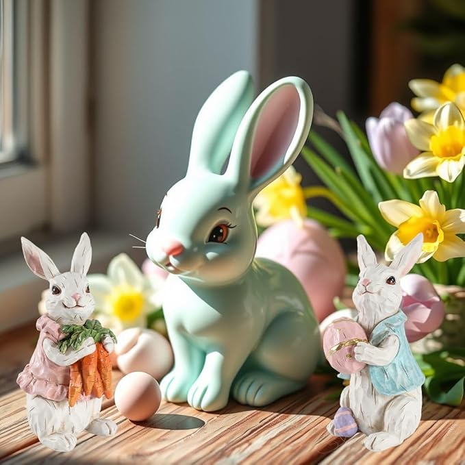 GoGnome Easter Bunny Figurines Set of 2 - Hand-Painted Resin Rabbit Decorations with Carrots and Easter Egg (White)