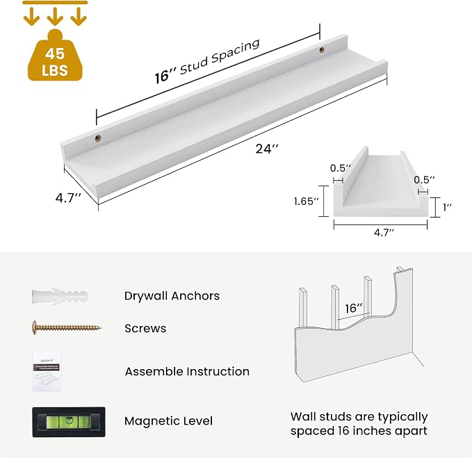 Acovy Solid Ash Wood Picture Ledge Shelf, 24 Inch, White, Set of 2 | Floating Shelves with Lip, Photo Ledge, Wall Mounted, For Nursery Bookshelf Living Room Bedroom