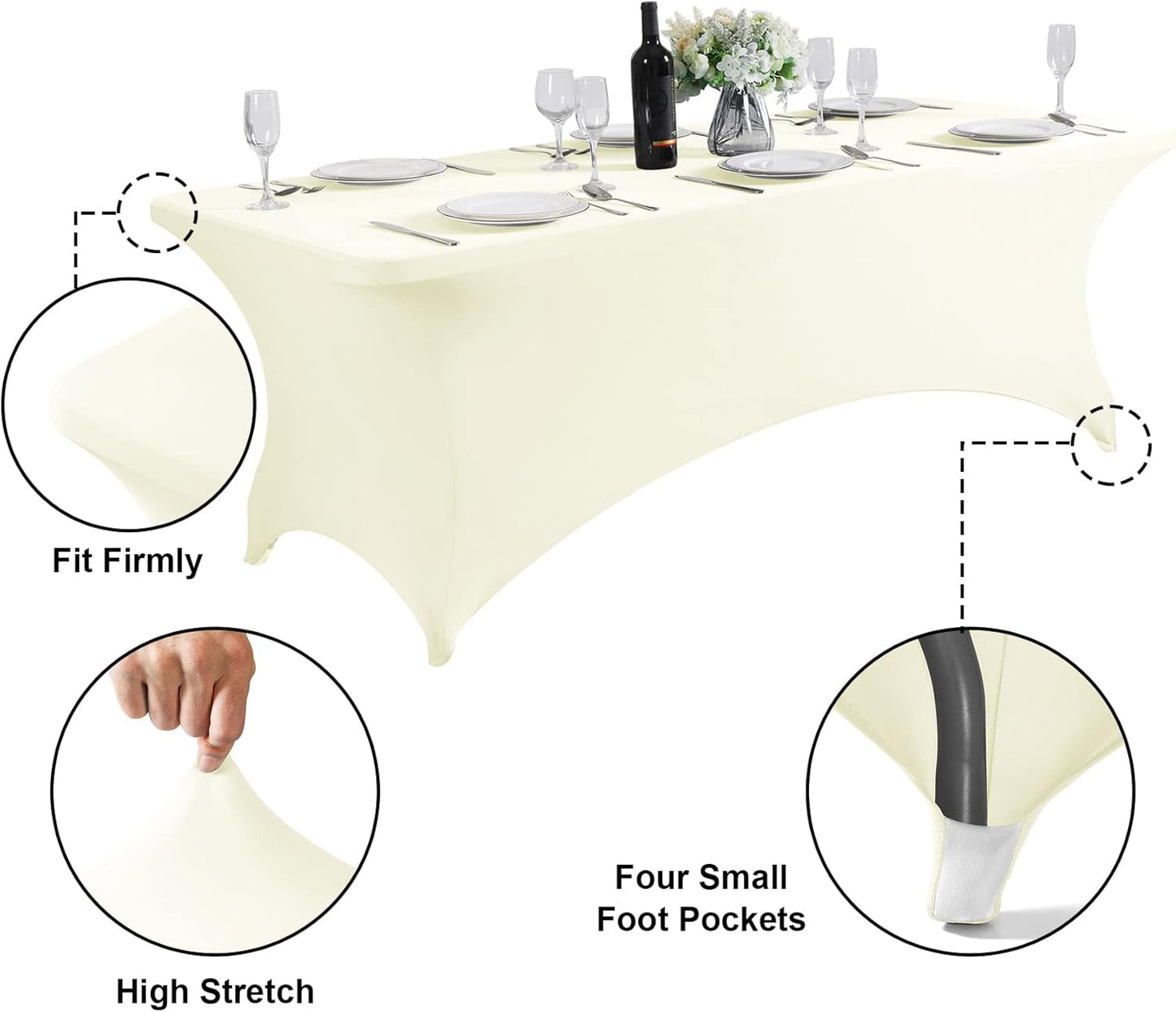 SuperO Waterproof Spandex Table Cover for 6FT Table Universal Fitted Stretch Tablecloth for Party, Banquet, Wedding and Events-Ivory