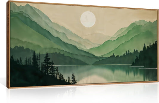 Celestdeco Watercolor Mountain Framed Canvas Wall Art Set, Boho Sun Forest Wall Decor, Green Scenery Wall Painting, Modern Woodland Artworks for Living Room, Bedroom, Dining Room, Office - 20" x40x1