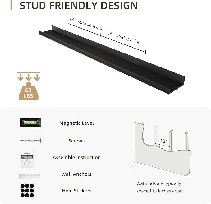 Acovy Picture Ledge Shelf, Wood Long Floating, Set of 2, 48 inch, Black | Wall Mounted, For Living Room Kids' Room Bedroom, Photo Ledge Nursery Book Shelves