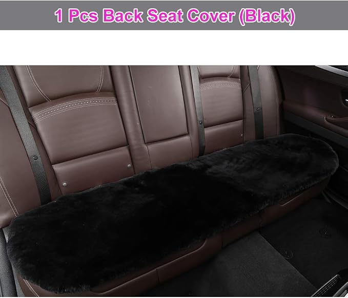 OGLAND Fuzzy Genuine Sheepskin Car Rear Seat Cover for Kids Dogs Pets Auto Bench Back Cushion Interior Accessories with Soft Fluffy Wool Natural Fur, Black