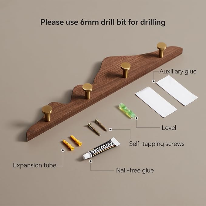 Elegant Wall Coat Rack with Hooks Walnut Wood Solid Coat Hanger Wall Mount with 4 Brass Hooks, Moisture-Resistant Wax Oil Finish for Home(Walnut, 4 Hooks)
