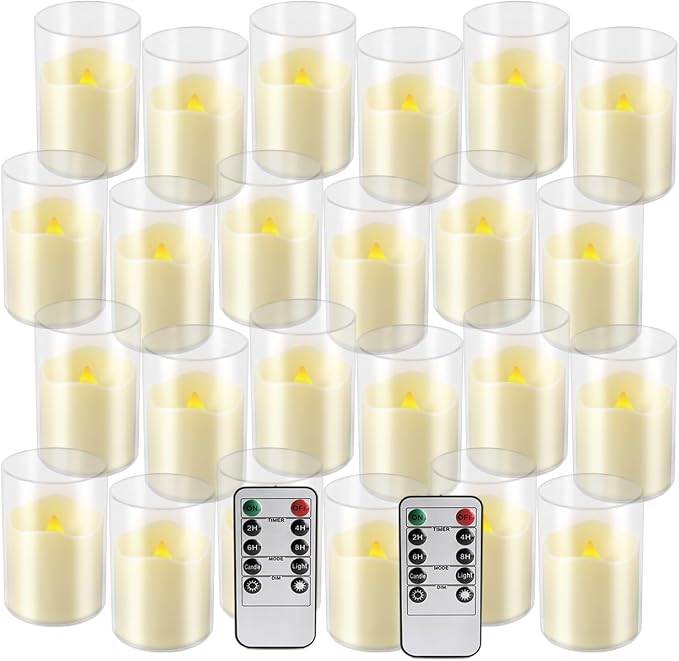 24-Pack 1.65"x2.36" Flameless Small LED Tea Lamp Candles - 3D Realistic Flame,Ivory Flickering Warm Light Battery-Powered with Remote Control and Timer for Home, Weddings & Parties.