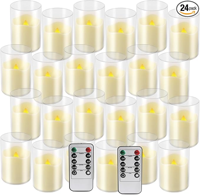 fclayvts 24 Pack Flameless LED Candles with Clear Glass Holder, Battery Operated Real Wax Tea Lights with Remote & Timer, Flickering Warm Light Fireless Votive Candles for Home Wedding Holiday Decor