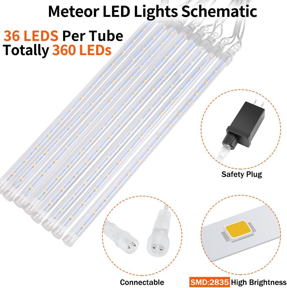 【4 Pack】 Christmas Lights Meteor Shower Rain Lights 20inch, Totally 40 Tube 1440 LEDs Icicle Lights Outdoor Raindrop Lights for Xmas Halloween Wedding Party Tree Holiday Decoration, Colorful