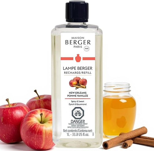 Maison Berger New Orleans Lampe Berger Refill, 1 Liter (33.8 fl oz), 2-in-1 Catalytic System, Neutralizes Odors and Diffuses Fragrance, Apple, Cinnamon, Vanilla, Made in France