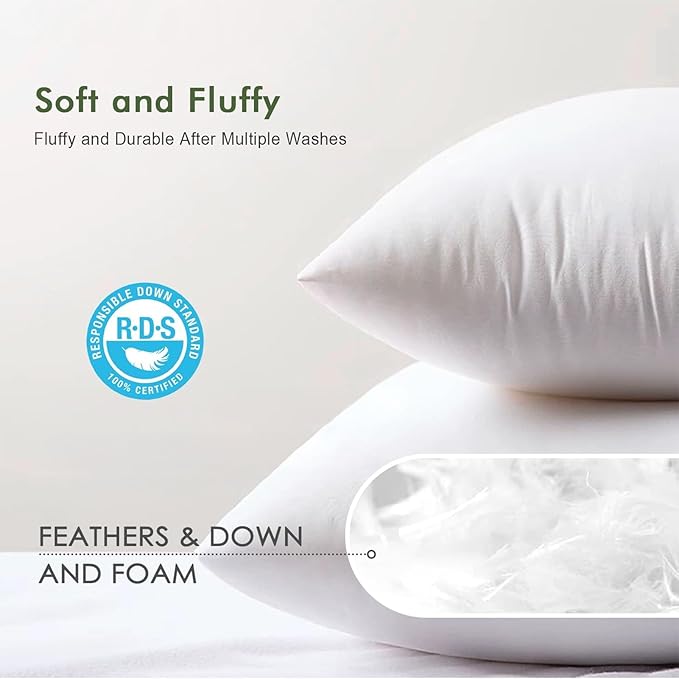TOPGREEN Feathers Down Throw Pillow Inserts 22x22, Set of 2, 100% Organic Cotton Shell, Soft Decorative Square Pillows Insert for Living Room Sofa, Couch, or Bed (White)