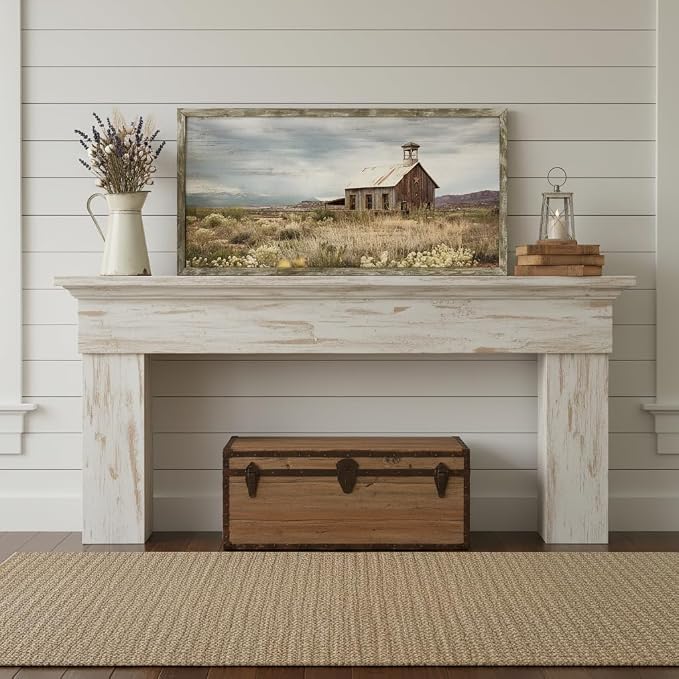 Farmhouse Wall Art Barn Picture: Rustic Framed Country Print Wood Decor Living Room Horizontal Farm Scene Countryside View Painting Bedroom Panoramic Nature Landscape Artwork for Home Office