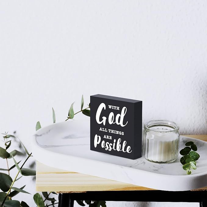 Motivational Christian Decor Wood Sign Religious Gifts Desk Decor Rustic Black Bible Verse Wooden Box Sign for Home Office Living Room Bedroom Shelf Counter Kitchen Table Centerpieces