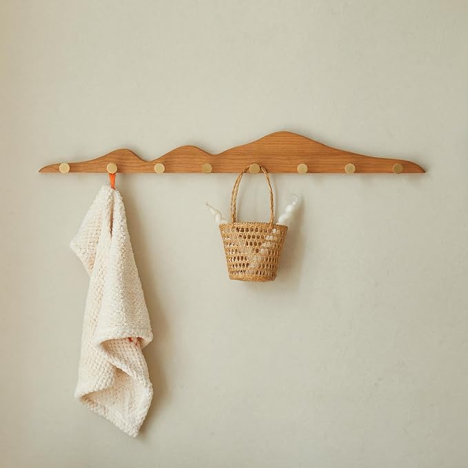 Elegant Wall Coat Rack with Hooks Cherry Wood Solid Coat Hanger Wall Mount with 8 Brass Hooks, Moisture-Resistant Wax Oil Finish for Home (Cherry, 8 Hooks)