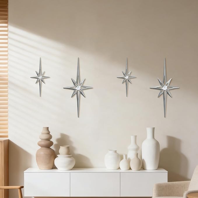 sxnzequnze 4 Pack Metal Star Wall Art 8 Pointed Starburst Wall Decor Set with 2 Large & 2 Small Pieces Mid Century Celestial Metal Wall Sculpture for Bedroom Living Room Office Gallery Wall