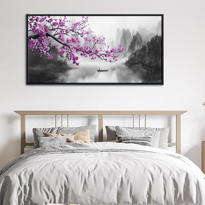 YDYSUNE Large Framed Purple Plum Blossom Wall Art, Black White Landscape Full Moon Floral Canvas Decor for Bedroom Living Room Office, 20"×40"