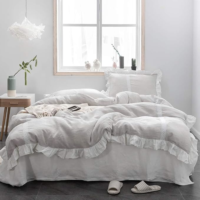Simple&Opulence 100% Linen Duvet Cover Set (68''x86'') Frill Floral Flax Twin Size, Shabby Chic Ruffle Edge Lace Insert Decoration, 2 Pcs Farmhouse Bedding-1 Comforter Cover 1 Pillow Sham, Floral Grey